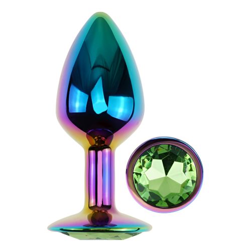 Анальна пробка райдужна з нержавіючої сталі із зеленим кристалом EGZO Round Plug розмір S