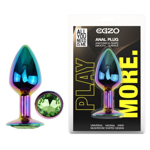 Анальна пробка райдужна з нержавіючої сталі із зеленим кристалом EGZO Round Plug розмір S