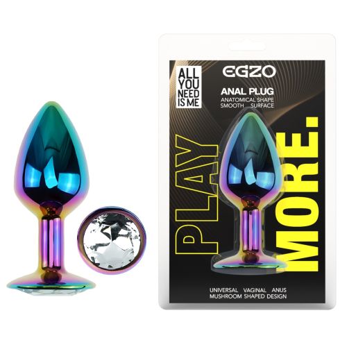 Анальна пробка райдужна з нержавіючої сталі із прозорим кристалом EGZO Round Plug розмір S