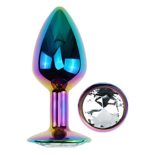 Анальна пробка райдужна з нержавіючої сталі із прозорим кристалом EGZO Round Plug розмір S