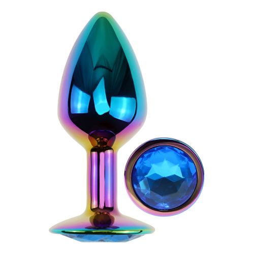 Анальная пробка радужная из нержавеющей стали с черным кристаллом EGZO Round Plug размер S