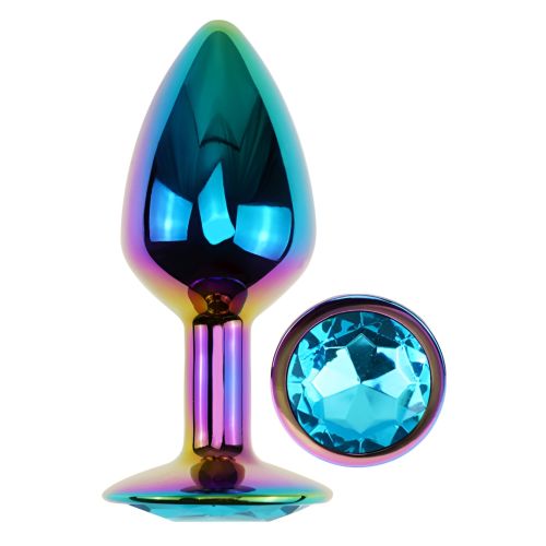Анальна пробка райдужна із нержавіючої сталі з блакитним кристалом EGZO Round Plug розмір S