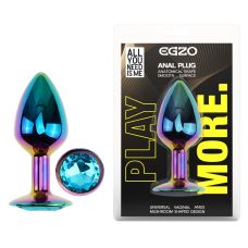 Анальна пробка райдужна із нержавіючої сталі з блакитним кристалом EGZO Round Plug розмір S