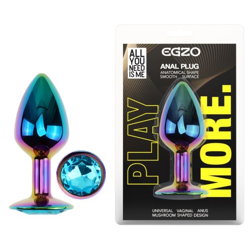 Анальна пробка райдужна із нержавіючої сталі з блакитним кристалом EGZO Round Plug розмір S