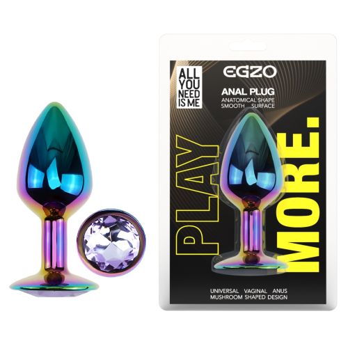 Анальна пробка райдужна з нержавіючої сталі з бузковим кристалом EGZO Round Plug розмір S