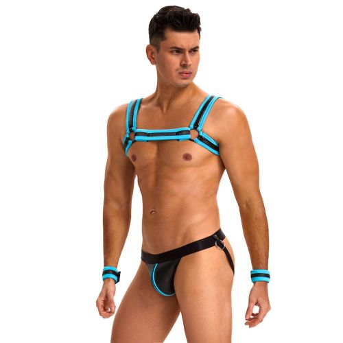 Мужской комплект с портупеей и наручниками и с молнией на трусах с открытым доступом черно голубой Star Night размер S