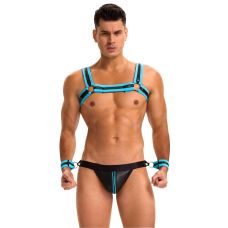 Мужской комплект с портупеей и наручниками и с молнией на трусах с открытым доступом черно голубой Star Night размер XL