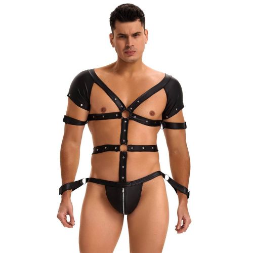 Боди-портупея мужская с ограничителями и молнией черная Star Night размер M