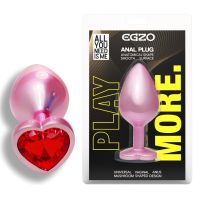 Анальна пробка рожева з нержавіючої сталі із червоним кристалом у формі серця EGZO Pink Perl Heart Plug розмір S