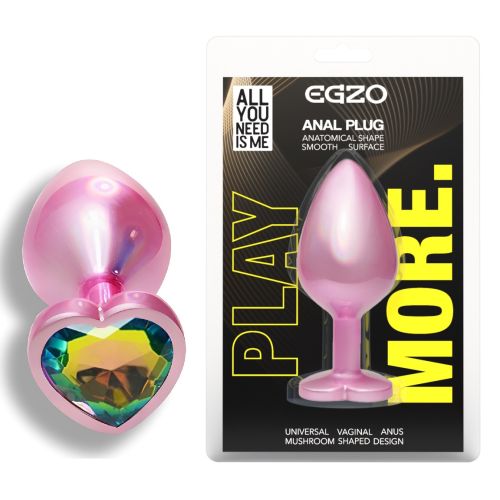 Анальная пробка розовая из нержавеющей стали с радужным кристаллом в форме сердца EGZO Pink Perl Heart Plug размер S