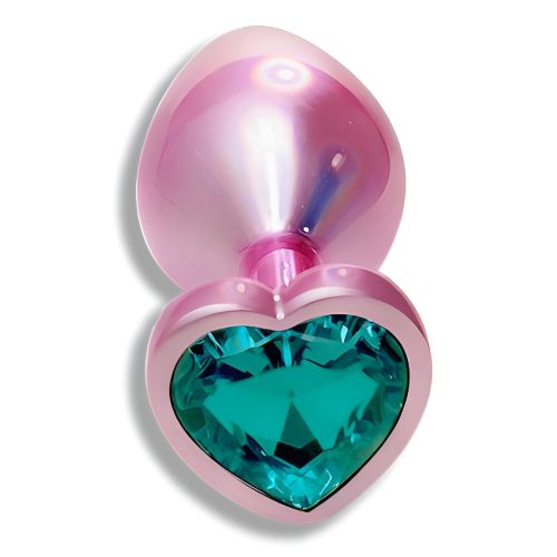 Анальна пробка рожева з нержавіючої сталі з бірюзовим кристалом у формі серця EGZO Pink Perl Heart Plug розмір S