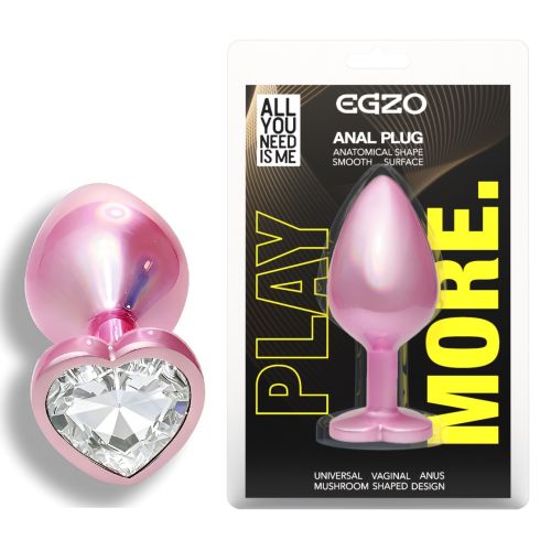 Анальна пробка рожева з нержавіючої сталі із прозорим кристалом у формі серця EGZO Pink Perl Heart Plug розмір S