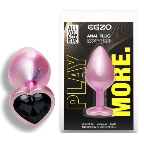 Анальная пробка розовая из нержавеющей стали с черным кристаллом в форме сердца EGZO Pink Perl Heart Plug размер S