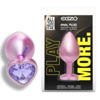 Анальна пробка рожева з нержавіючої сталі з бузковим кристалом у формі серця EGZO Pink Perl Heart Plug розмір S