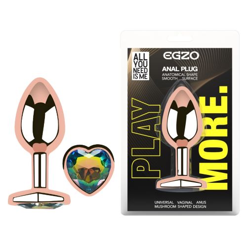 Анальна пробка із рожевого золота нержавіючої сталі з райдужним кристалом у формі серця EGZO Rose Gold Heart Plug розмір S