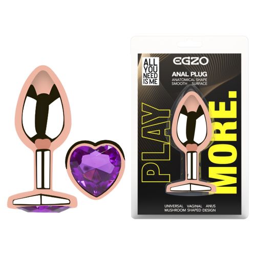 Анальная пробка из розового золота нержавеющей стали с фиолетовым кристаллом в форме сердца EGZO Rose Gold Heart Plug размер M