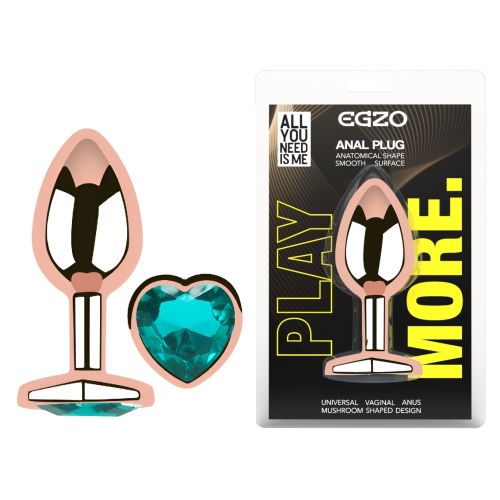 Анальная пробка из розового золота нержавеющей стали с бирюзовым кристаллом в форме сердца EGZO Rose Gold Heart Plug размер M