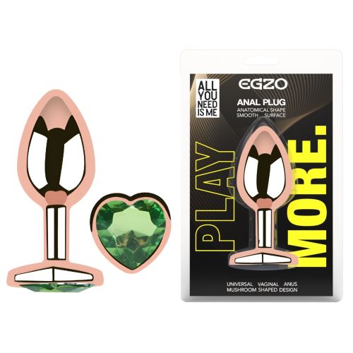 Анальная пробка из розового золота нержавеющей стали с зеленым кристаллом в форме сердца EGZO Rose Gold Heart Plug размер M