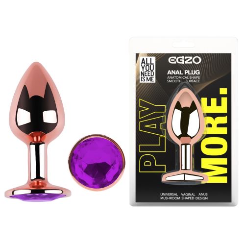 Анальна пробка із рожевого золота нержавіючої сталі з фіолетовим кристалом EGZO Rose Gold Round Plug розмір M