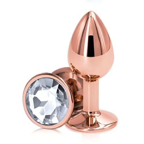 Анальна пробка із рожевого золота нержавіючої сталі з прозорим кристалом EGZO Rose Gold Round Plug розмір M