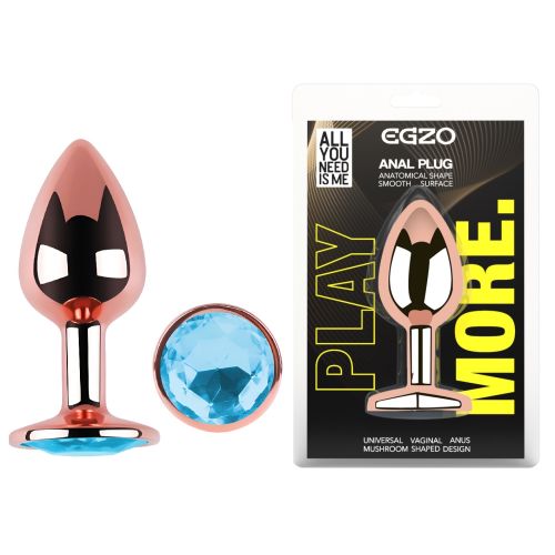 Анальная пробка из розового золота нержавеющей стали с голубым кристаллом EGZO Rose Gold Round Plug размер M