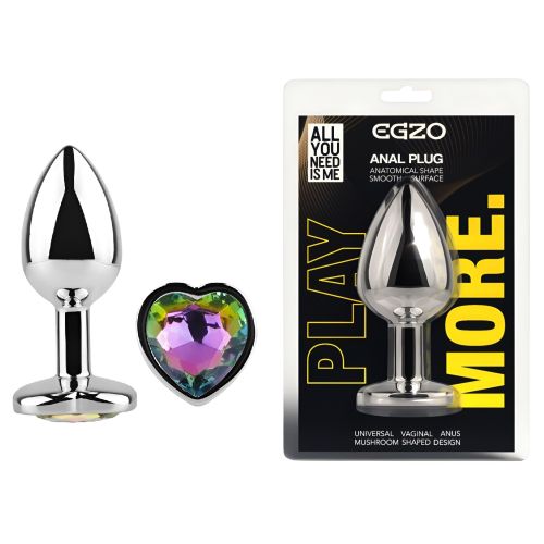 Анальная пробка серебристая из нержавеющей стали с кристаллом в форме сердца радужным EGZO Heart Plug размер M