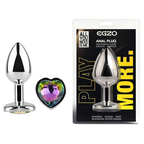 Анальна пробка срібляста із нержавіючої сталі з кристалом у формі серця райдужним EGZO Heart Plug розмір S