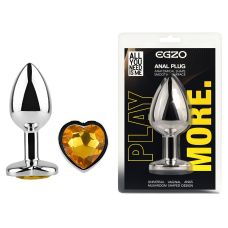 Анальная пробка серебристая из нержавеющей стали с кристаллом в форме сердца золотистым EGZO Heart Plug размер M