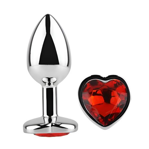 Анальна пробка срібляста з нержавіючої сталі із кристалом у формі серця червоним EGZO Heart Plug розмір S