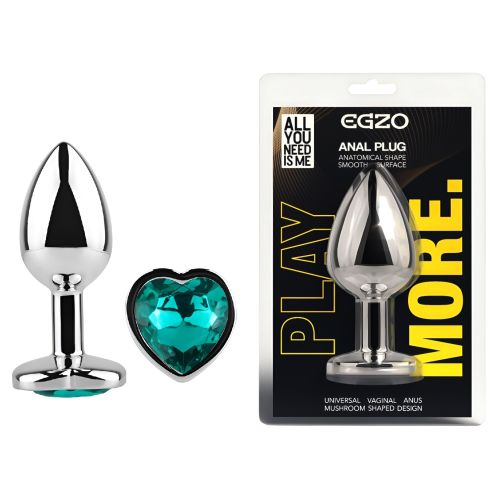 Анальная пробка серебристая из нержавеющей стали с кристаллом в форме сердца бирюзовым EGZO Heart Plug размер M