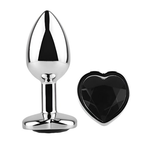 Анальная пробка серебристая из нержавеющей стали с кристаллом в форме сердца черным EGZO Heart Plug размер M