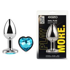 Анальная пробка серебристая из нержавеющей стали с кристаллом в форме сердца голубым EGZO Heart Plug размер M