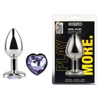 Анальная пробка серебристая из нержавеющей стали с кристаллом в форме сердца сиреневым EGZO Heart Plug размер M