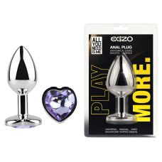 Анальная пробка серебристая из нержавеющей стали с кристаллом в форме сердца сиреневым EGZO Heart Plug размер M