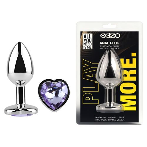 Анальная пробка серебристая из нержавеющей стали с кристаллом в форме сердца сиреневым EGZO Heart Plug размер M