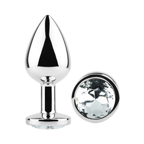 Анальна пробка срібляста з нержавіючої сталі з прозорим кристалом EGZO Round Plug розмір S