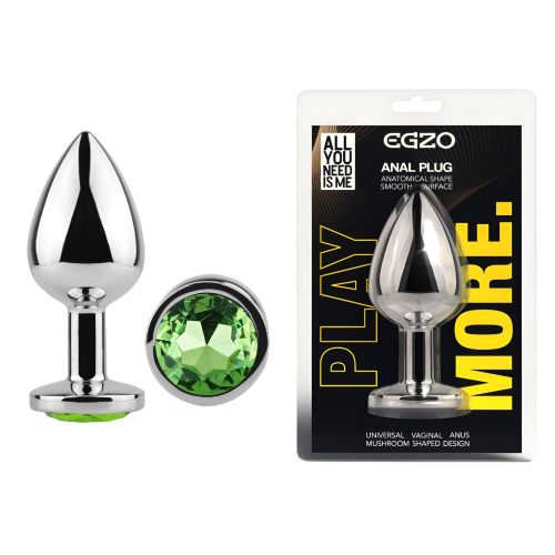 Анальная пробка серебристая из нержавеющей стали с кристаллом зеленым EGZO Round Plug размер M