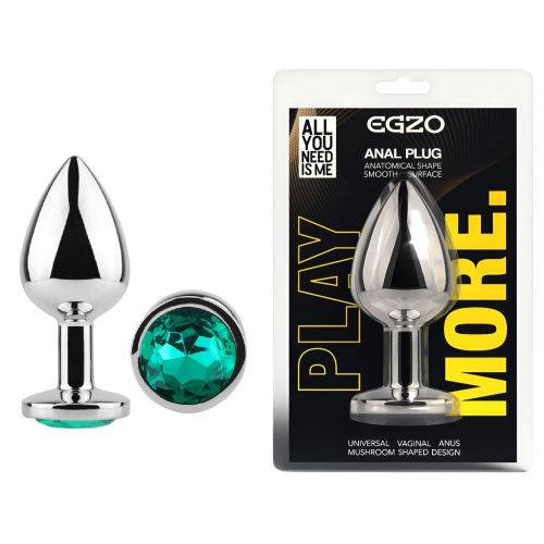 Анальна пробка срібляста з нержавіючої сталі з бірюзовим кристалом EGZO Round Plug розмір S