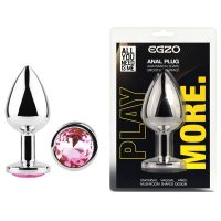 Серебристая анальная пробка из нержавеющей стали с розовым кристаллом EGZO Round Plug размер S