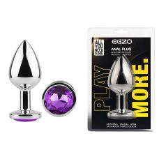 Анальная пробка серебристая из нержавеющей стали с кристаллом фиолетовым EGZO Round Plug размер M