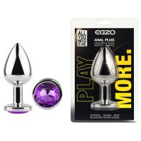 Серебристая анальная пробка из нержавеющей стали с фиолетовым кристаллом EGZO Round Plug размер S