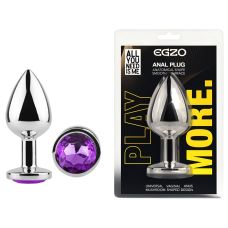 Серебристая анальная пробка из нержавеющей стали с фиолетовым кристаллом EGZO Round Plug размер S