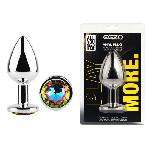 Анальна пробка срібляста з нержавіючої сталі з райдужним кристалом EGZO Round Plug розмір M