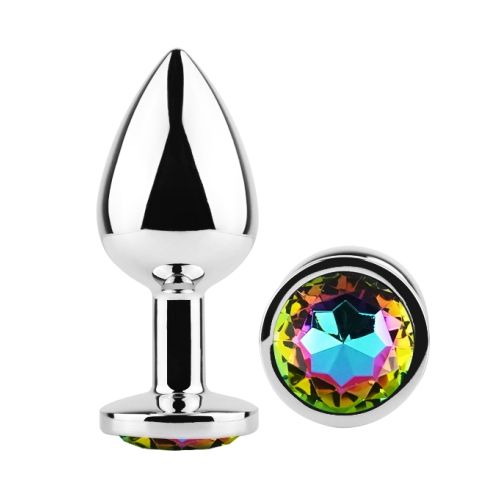 Срібляста анальна пробка із нержавіючої сталі з райдужним кристалом EGZO Round Plug розмір S