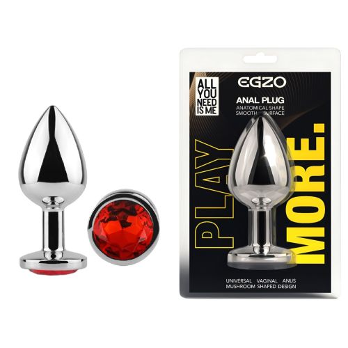 Срібляста анальна пробка із нержавіючої сталі з червоним кристалом EGZO Round Plug розмір S