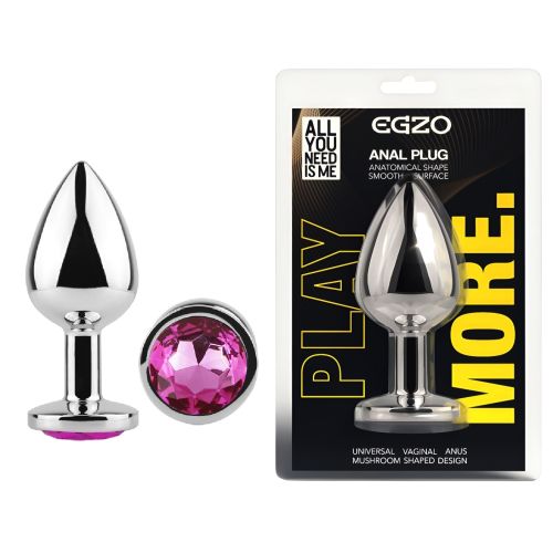 Срібляста анальна пробка із нержавіючої сталі з малиновим кристалом EGZO Round Plug розмір S