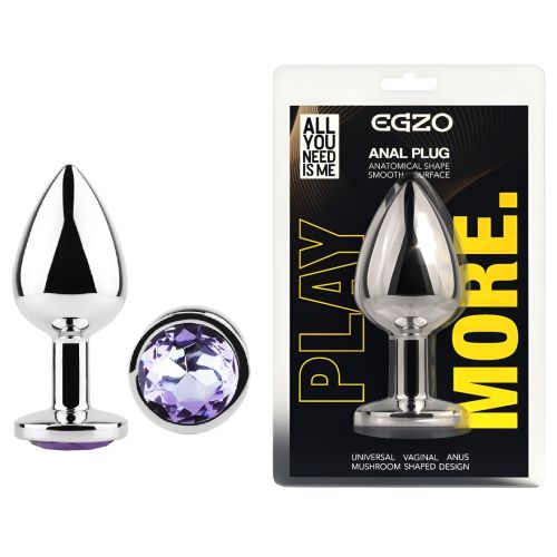 Срібляста анальна пробка з нержавіючої сталі з бузковим кристалом EGZO Round Plug розмір S