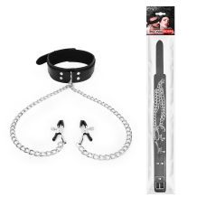 Ошейник кожаный черный с металлическими зажимами для сосков Notabu