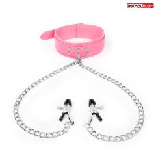 Ошейник кожаный розовый с зажимами для сосков для БДСМ-игр Notabu