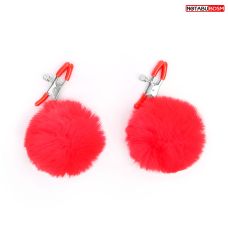 Зажимы для сосков с меховыми помпонами красные Notabu